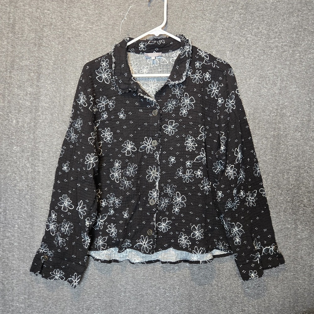 Habitat Button Down Shirt Gauze Black White Floral Artistic Long Sleeves Sz L